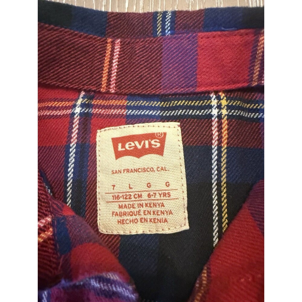Levi's Kids Red Blue Plaid Flannel Cotton Long Sleeve Button-Up Shirt 6-7 yrs - Picture 3 of 5